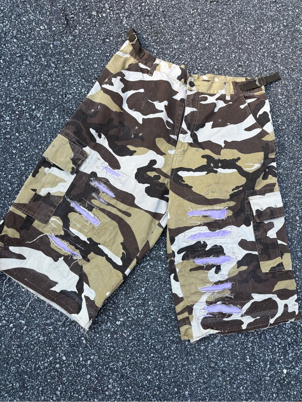 Camouflage Cargo Jorts with Lilac Distressed Accents